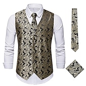 cheap Tops-Men&#039;s Vest Tie Set Paisley Floral Jacquard Necktie Pocket Square 3PCS Waistcoat Retro Vintage Rococo for Suit or Tuxedo Wedding Party Masquerade