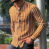 cheap Men&#039;s Button Up Shirts-Men&#039;s Shirt Summer Shirt Casual Shirt Button Up Shirt Striped Shirts White Yellow Long Sleeve Striped Turndown Vacation Street Clothing Apparel Cotton Cotton Blend Fashion Leisure Comfortable