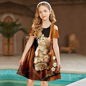 זול שידה מצוירת בתלת מימד-שמלת ילדות קטנות חד קרן חיה קו שמלה יומית הדפסת טלאים לחופשה ורוד מעל הברך שמלות מתוקות שרוולים קצרים קיץ רפויה 3-12 שנים