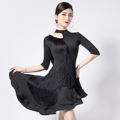 abordables Tenues de danse latine-Robe de danse latine à franges et franges, ajourée, ajourée, entraînement de performance, demi-manches, haute polyester
