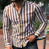 cheap Men&#039;s Button Up Shirts-Men&#039;s Shirt Summer Shirt Casual Shirt Button Up Shirt Striped Shirts White Yellow Long Sleeve Striped Turndown Vacation Street Clothing Apparel Cotton Cotton Blend Fashion Leisure Comfortable