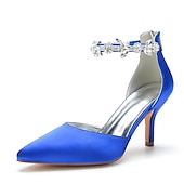 ieftine Formal-tocuri de nuntă cu vârf ascuțit din satin argintiu pentru femei – curea la gleznă cu strass și toc mijlociu elegant
