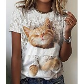 levne Tričko se zvířaty-dámské tričko basic cat print krátký rukáv běžné topy kulatý výstřih denní víkend bílá