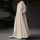 abordables concevoir des robes en coton et lin-Robe en coton et lin Robe casual Femme Robe longue maxi Lin Bohème Décontractées robe hiver du quotidien Vacances Col Ras du Cou Patchwork manche longue Eté Printemps Automne lin Ample Noir Blanche