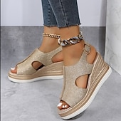 cheap Casual Sandals-Women&#039;s Glitter Wedge Sandals – Open-Toe Design with Cut-Out Details, Adjustable Strap, and Platform Sole, Perfect for Summer Parties and Casual Outings