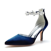 ieftine Formal-tocuri de nuntă cu vârf ascuțit din satin argintiu pentru femei – curea la gleznă cu strass și toc mijlociu elegant