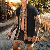 billiga Set med tryckta skjortor för män-Herr Blommig 2st Skjortor Set Hawaii skjorta Kortärmad Korta byxor Nedvikt Mode Hawaiisk Ledigt Utomhus Semester Strand 3D-utskrift Button-Down Sommar Vår Guld + svart Svart Gul