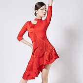 abordables Tenues de danse latine-Robe de danse latine à franges et franges, ajourée, ajourée, entraînement de performance, demi-manches, haute polyester