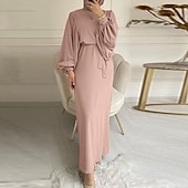 baratos Islâmico Arábico-conjunto com vestido abaya feminino vestido maxi muçulmano árabe com cinto vestido religioso árabe saudita lenços hijab cachecol envoltório headpiece ramadan religioso 2 peças feminino ramadan árabe