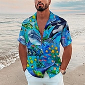 billige Ocean Print-Herre Landskap Tropisk Fisk Skjorte Hawaii skjorte Camp skjorte Kortermet Skjorte Aftæpning Mote Hawaiisk Designer utendørs Gate Avslappet Svart Navyblå Marineblå 3D-utskrift S M L