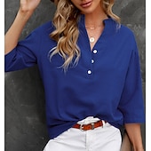 Недорогие Основные искусственные рубашки-Жен. Застегните кнопку вверх Блуза Длинные хлопковые топы Искусственный хлопок и лен Пуговицы Сплошной/однотонный цвет Классический Неоновый и Яркий V-образный вырез Повседневные
