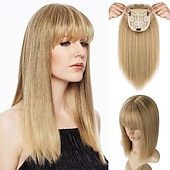 cheap Bangs-14 Hair Topper with Bangs Top Hairpieces Clip in Hair Extensions Straight Wiglet for Women with Thinning Hair
