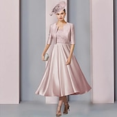 economico Con giacca-Abito A Due Pezzi A-Line Madri della Sposa Ospite di Matrimonio Chiesa Elegante Festa Collo a Barchetta Lunghezza Tea Seta Pizzo Maniche a Mezza Lunghezza con Pieghe Vestito del Giorno della Corsa