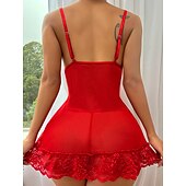 abordables Lencería-Lencería de mujer, babydoll de encaje transparente con tirantes ajustables, ropa de dormir seductora, ropa íntima con lazo rojo, conjuntos para el hogar