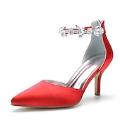 ieftine Formal-tocuri de nuntă cu vârf ascuțit din satin argintiu pentru femei – curea la gleznă cu strass și toc mijlociu elegant