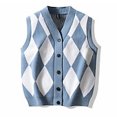 preiswerte Herren Strickjacke-Herren Pullunder Strickjacke Gerippt Stricken Taste Strick Geometrisch V Ausschnitt Moderne zeitgenössische Freizeitskleidung Ausgehen Bekleidung Ärmellos Herbst Winter Schwarz Blau M L XL