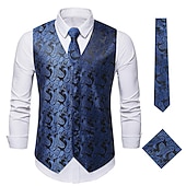 cheap Tops-Men&#039;s Vest Tie Set Paisley Floral Jacquard Necktie Pocket Square 3PCS Waistcoat Retro Vintage Rococo for Suit or Tuxedo Wedding Party Masquerade