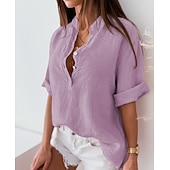 Недорогие Основные искусственные рубашки-Жен. Застегните кнопку вверх Блуза Длинные хлопковые топы Искусственный хлопок и лен Пуговицы Сплошной/однотонный цвет Классический Неоновый и Яркий V-образный вырез Повседневные