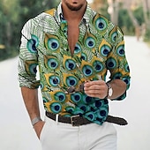 cheap Birds &amp; Animals-Men&#039;s Feather Shirt Aloha Shirt Long Sleeve Fashion Designer Casual Outdoor Vacation Daily Spring &amp; Summer Stand Collar 3D Print Button-Down Black White Black / Green Yellow Army Green