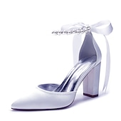 cheap Formal-Elegant Green Satin Ankle Strap Heels – Pointed Toe, Pearl Bow Detail, Block Heel Pumps for Women – Perfect for Weddings &amp; Parties