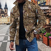 billiga skjortjacka för män-Herr Leopard Skjorta jacka Övertröja Långärmad Mode Streetwear Ledigt vardag Sport &amp; Utomhus Dagliga kläder Helgen Höst vinter Nedvikt Knappar Ficka Mönster Gul Blå Brun Grön