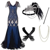 cheap Outfits-Flapper Dress The Great Gatsby 6 Pcs Retro Vintage Roaring 20s 1920s With Accessories Set Outfits Cocktail Dress Women&#039;s Sequins Costume Vintage Cosplay Party Evening Dress