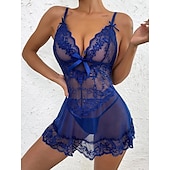 abordables Lencería-Lencería de mujer, babydoll de encaje transparente con tirantes ajustables, ropa de dormir seductora, ropa íntima con lazo rojo, conjuntos para el hogar