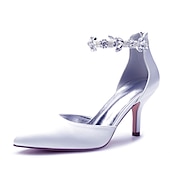ieftine Formal-tocuri de nuntă cu vârf ascuțit din satin argintiu pentru femei – curea la gleznă cu strass și toc mijlociu elegant