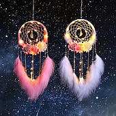 billige Dekorative lys-led drømmefanger veggdekor batteridrevet kreativ veving fjær vindklokke lys hjem soverom jente rom dekorasjonslampe beste bursdagsgave til venner