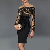ieftine Rochii Cocktail-Rochii de cocktail tip sheath rochie elegantă lungime până la ceai cu mânecă lungă off shoulder fabrică elastică cu aplicații