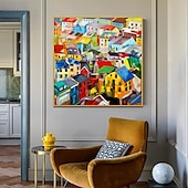 cheap Landscape Paintings-Handmade Oil Painting Canvas Wall Art Decoration Modern Abstract Village Colorful House Home Living Room Decor Rolled Frameless Unstretched Painting