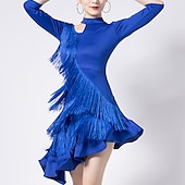 abordables Tenues de danse latine-Robe de danse latine à franges et franges, ajourée, ajourée, entraînement de performance, demi-manches, haute polyester