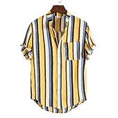 voordelige heren overhemd met knopen-Voor heren Overhemd Zomer overhemd Normaal shirt Overhemd met knopen Gestreepte shirts Geel Blauw Rood Donkerblauw Korte mouw Gestreept Band Kraag Vakantie Straat Afdrukken Kleding 100% katoen
