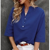 Недорогие Основные искусственные рубашки-Жен. Застегните кнопку вверх Блуза Длинные хлопковые топы Искусственный хлопок и лен Пуговицы Сплошной/однотонный цвет Классический Неоновый и Яркий V-образный вырез Повседневные