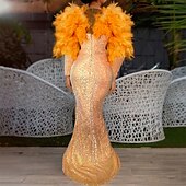 preiswerte ORANGE-Meerjungfrau Abendkleid Pailletten Kleid Karneval Bodenlang Lange Ärmel V-Ausschnitt mit Federn Kristallen Maskerade Kleid 2025