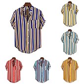 voordelige heren overhemd met knopen-Voor heren Overhemd Zomer overhemd Normaal shirt Overhemd met knopen Gestreepte shirts Geel Blauw Rood Donkerblauw Korte mouw Gestreept Band Kraag Vakantie Straat Afdrukken Kleding 100% katoen