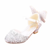 cheap Kids&#039; Princess Shoes-Girls&#039; Sparkling Butterfly-Embellished Ballet Flats – Glittery Silver Sandals with Adjustable Strap for Weddings, Parties, and Special Occasions