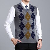 billige genser for menn-Herre Genser vest Kjole genser Stilfull Gammeldags stil Fargeblokk Argylemønster Riflet V-hals Lapper Strikket Flettet Drop Shoulder Ermeløs Strikke Jul Hjem Arbeid Rød Navyblå Vår Høst