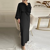 baratos Islâmico Arábico-conjunto com vestido abaya feminino vestido maxi muçulmano árabe com cinto vestido religioso árabe saudita lenços hijab cachecol envoltório headpiece ramadan religioso 2 peças feminino ramadan árabe