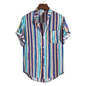 voordelige heren overhemd met knopen-Voor heren Overhemd Zomer overhemd Normaal shirt Overhemd met knopen Gestreepte shirts Geel Blauw Rood Donkerblauw Korte mouw Gestreept Band Kraag Vakantie Straat Afdrukken Kleding 100% katoen