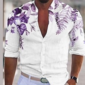 preiswerte Pflanzen Muster-Herren Pflanze Hemd leinenhemd Lässiges Hemd Langarm Moderne zeitgenössische Brautkleider schlicht Hawaiihemd Urlaub Ausgehen Strand Sommer Frühling Umlegekragen Bedruckt Button-Down Blau Purpur Grün