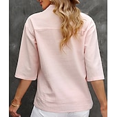 Недорогие Основные искусственные рубашки-Жен. Застегните кнопку вверх Блуза Длинные хлопковые топы Искусственный хлопок и лен Пуговицы Сплошной/однотонный цвет Классический Неоновый и Яркий V-образный вырез Повседневные