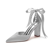 cheap Formal-Elegant Green Satin Ankle Strap Heels – Pointed Toe, Pearl Bow Detail, Block Heel Pumps for Women – Perfect for Weddings &amp; Parties