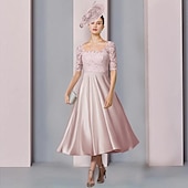 economico Con giacca-Abito A Due Pezzi A-Line Madri della Sposa Ospite di Matrimonio Chiesa Elegante Festa Collo a Barchetta Lunghezza Tea Seta Pizzo Maniche a Mezza Lunghezza con Pieghe Vestito del Giorno della Corsa