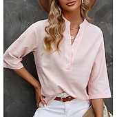 Недорогие Основные искусственные рубашки-Жен. Застегните кнопку вверх Блуза Длинные хлопковые топы Искусственный хлопок и лен Пуговицы Сплошной/однотонный цвет Классический Неоновый и Яркий V-образный вырез Повседневные