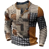 Men's Graphic Color Block Waffle Henley Shirt Tee Long Sleeve 3D Print Fashion Designer Comfortable Outdoor Casual Daily Spring &  Fall Brown Henley Henley T-Shirt3