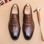 tanie Formalny-męskie klasyczne brązowe buty typu oxford z zapięciem na rzepy – skórzane buty typu brogsy na spotkania biznesowe, wesela i formalne imprezy