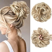 cheap Chignons-Messy Bun Large Scrunchies Wavy Curly Synthetic Silver Grey Ponytail Hair Extensions Thick Updo Hair Pieces for Women Girls Kids