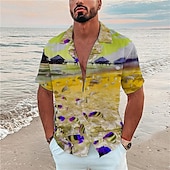 cheap Ocean Print-Men&#039;s Graphic Scenery Seascape Pattern Shirt Summer Shirt Summer Hawaiian Shirt Short Sleeve Shirt Turndown Fashion Hawaiian Designer Outdoor Street Casual Black Yellow Navy Blue Print S M L