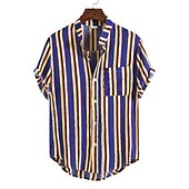 voordelige heren overhemd met knopen-Voor heren Overhemd Zomer overhemd Normaal shirt Overhemd met knopen Gestreepte shirts Geel Blauw Rood Donkerblauw Korte mouw Gestreept Band Kraag Vakantie Straat Afdrukken Kleding 100% katoen
